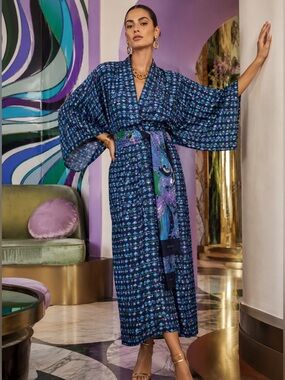 EMILIO PUCCI Silk Japanese Kimono Kaftan Duster Cardigan Dress Vintage 70s